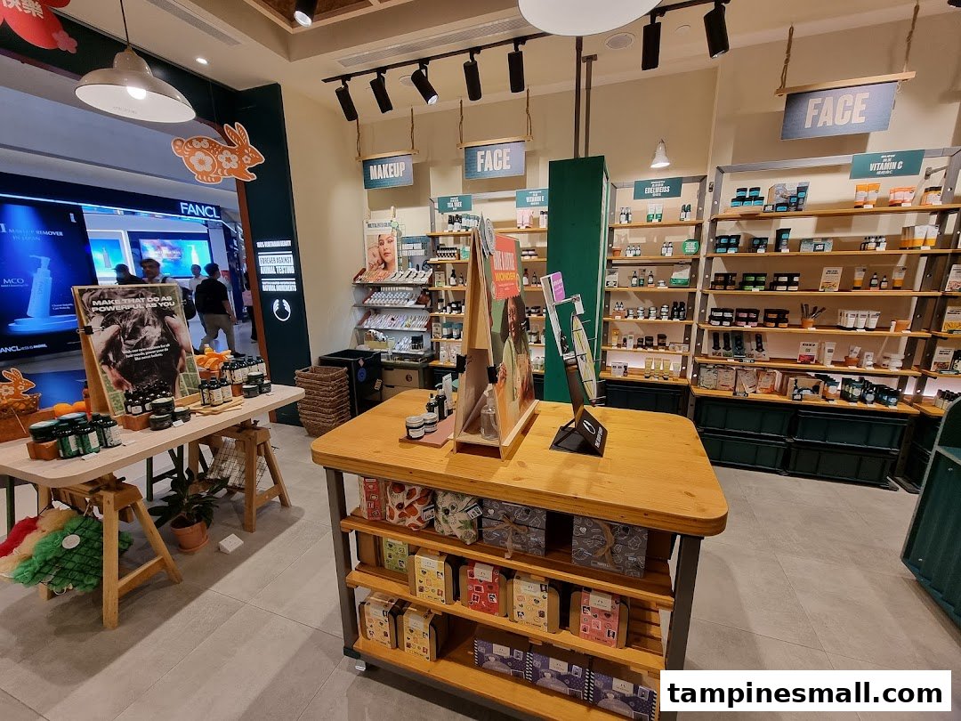 Interior view of The Body Shop, showcasing various skincare, makeup, and beauty products on shelves and display tables.