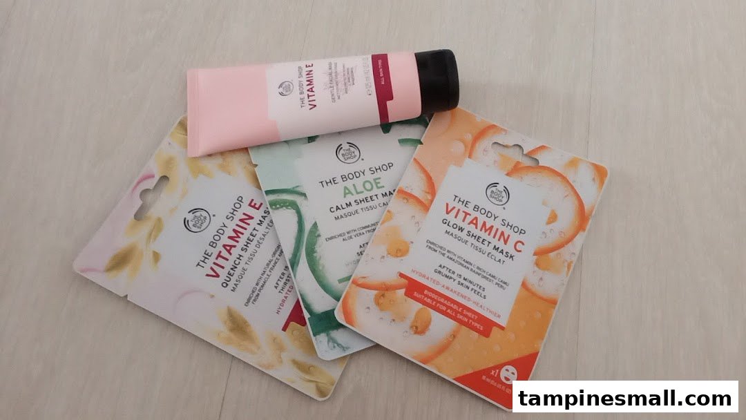 A collection of The Body Shop skincare products: sheet masks and a Vitamin E facial wash.
