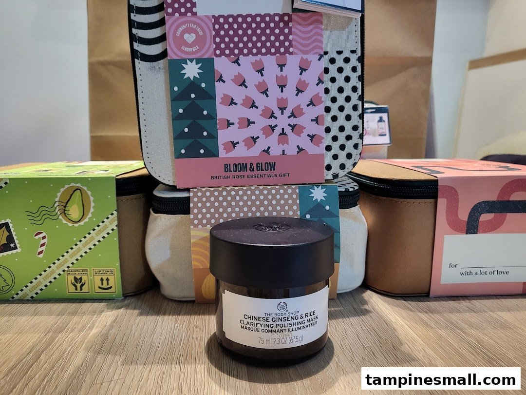 A close-up of The Body Shop products, including a Chinese Ginseng & Rice Polishing Mask and a Bloom & Glow gift set.