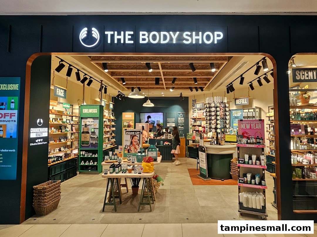 The inviting entrance of The Body Shop, showcasing a wide array of beauty and skincare products.