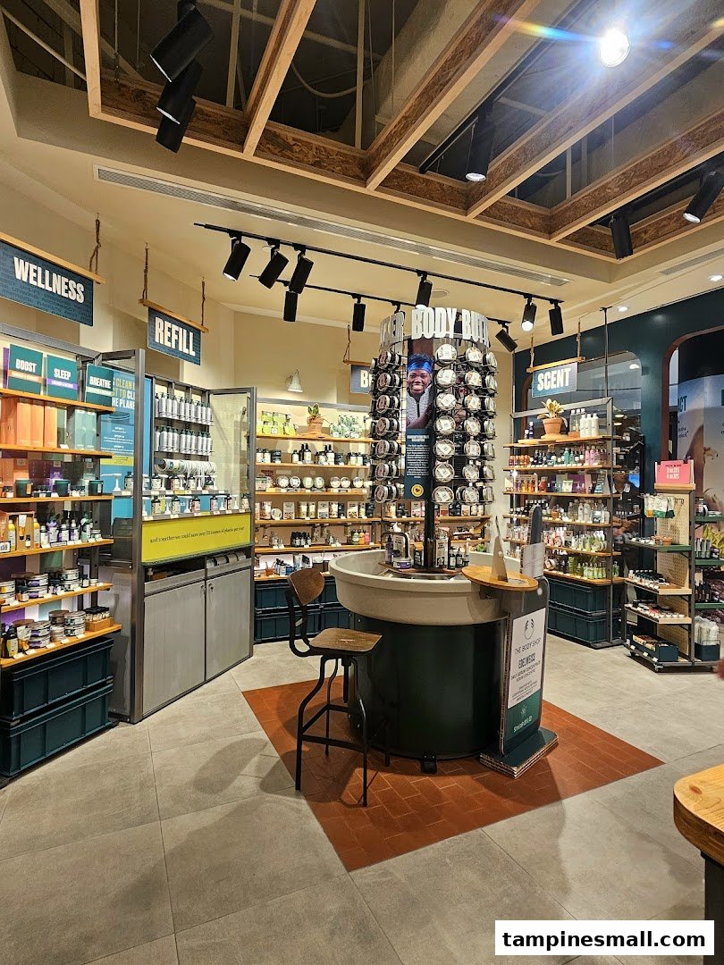 An inviting interior view of The Body Shop, showcasing various beauty and wellness products on display.