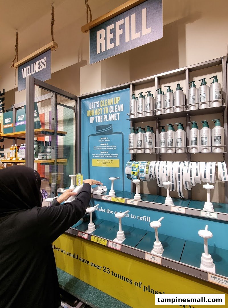 A customer refills a product at The Body Shop's sustainable refill station.