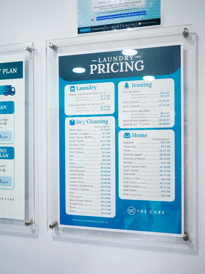 A detailed price list for laundry, dry cleaning, ironing, and home item services at The Care Laundry.