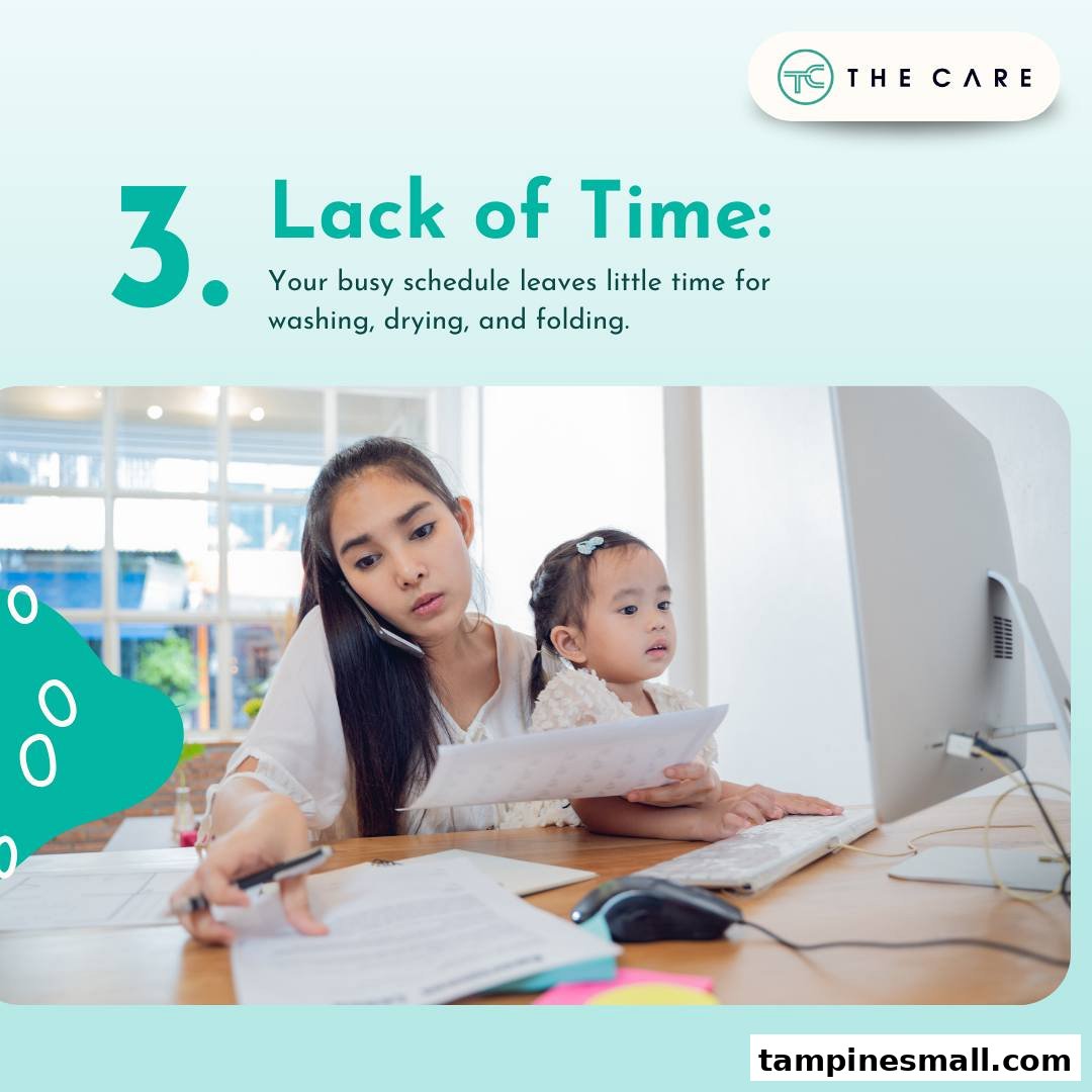 An image illustrating 'Lack of Time' for laundry, featuring a busy parent and child at a computer.