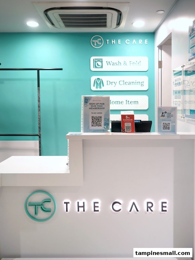 Interior view of The Care Laundry reception, highlighting wash, fold, and dry cleaning services.