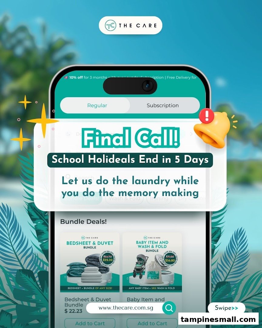 A mobile app screen from The Care Laundry promoting 'School Holideals' on laundry bundles, set against a tropical background.