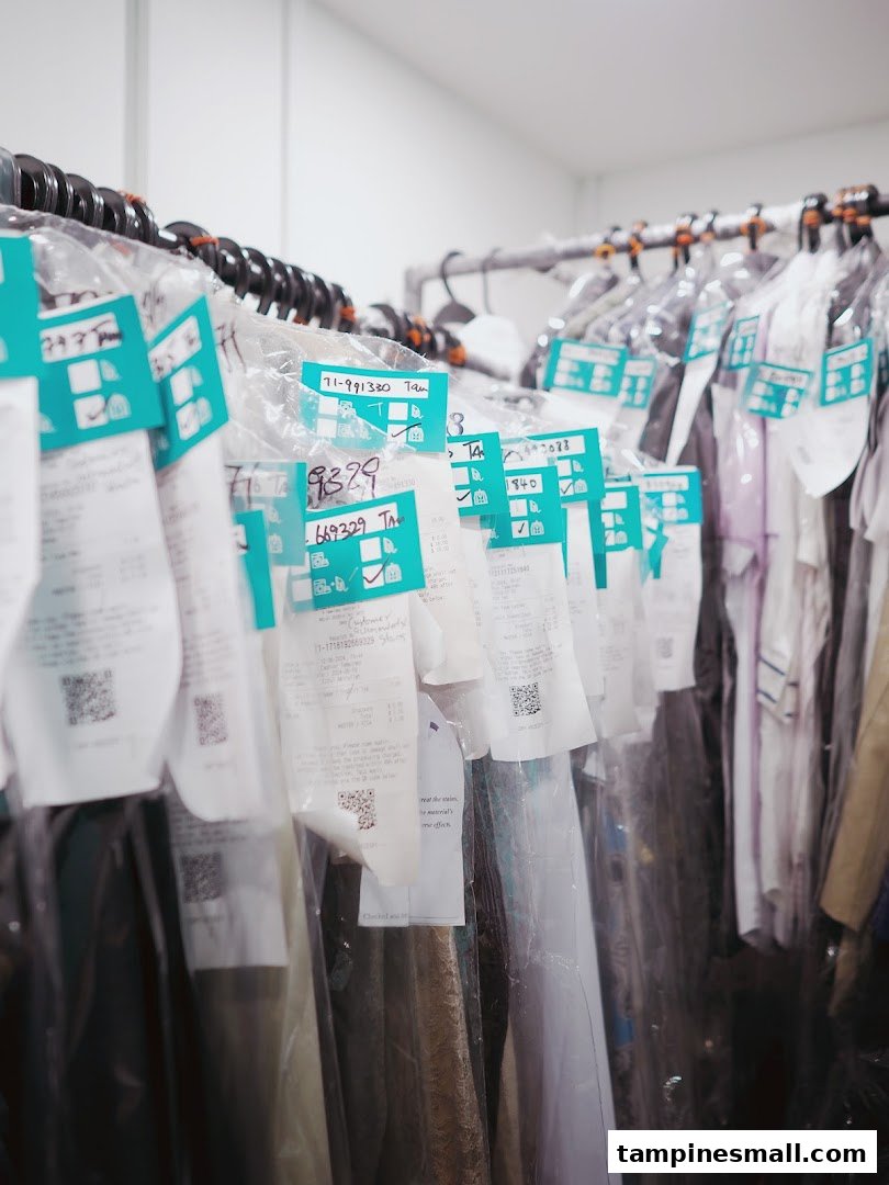 Cleaned garments, individually bagged and tagged, hang neatly on racks at The Care Laundry.