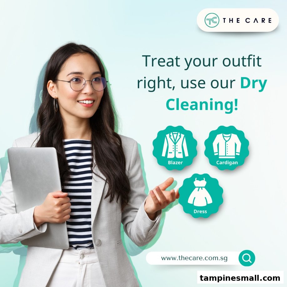 A graphic featuring a woman and icons promoting dry cleaning services for blazers, cardigans, and dresses.
