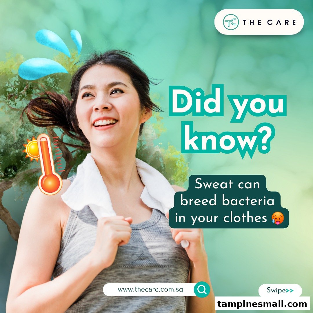 A promotional graphic featuring a smiling woman, highlighting how sweat can breed bacteria in clothes.