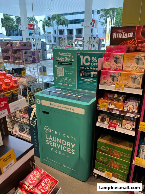 A self-service laundry drop-off kiosk from The Care Laundry Services, located within a retail store.