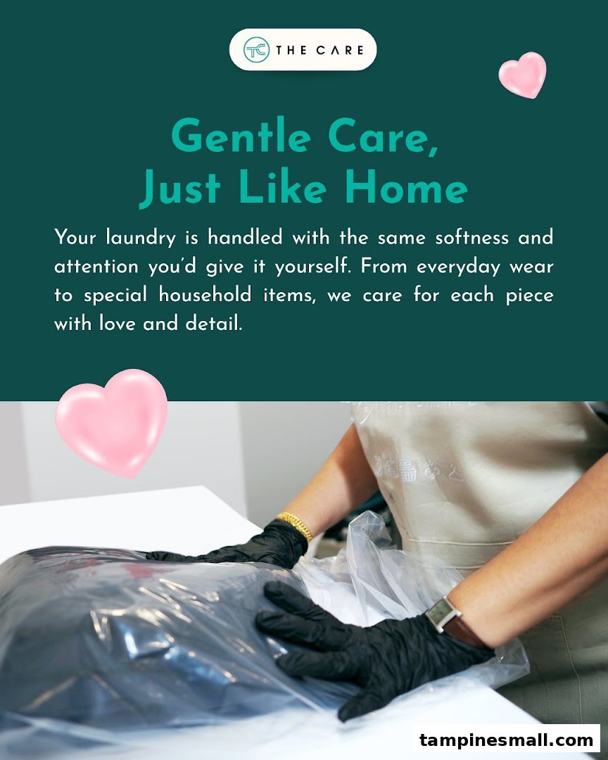 An employee carefully bags laundered items, emphasizing the shop's gentle and detailed laundry care service.