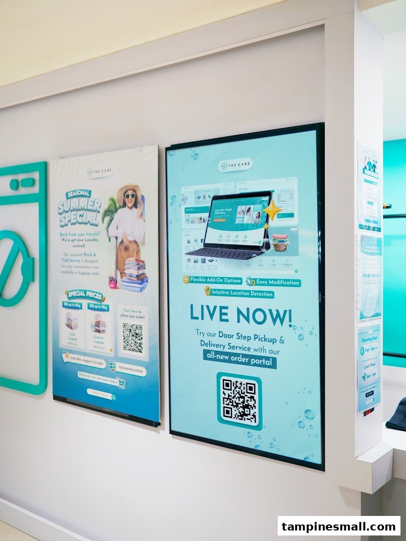 Promotional displays inside The Care Laundry, highlighting seasonal specials and new online services.