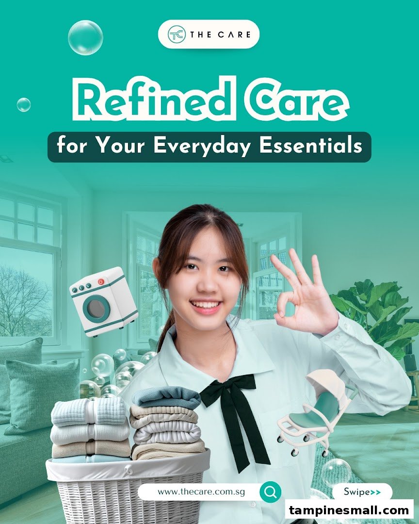 A young woman smiles, surrounded by laundry items and a washing machine graphic, promoting 'Refined Care'.