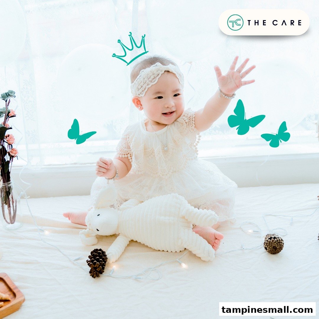 A happy baby in a white dress plays with a bunny and fairy lights, featuring The Care logo.
