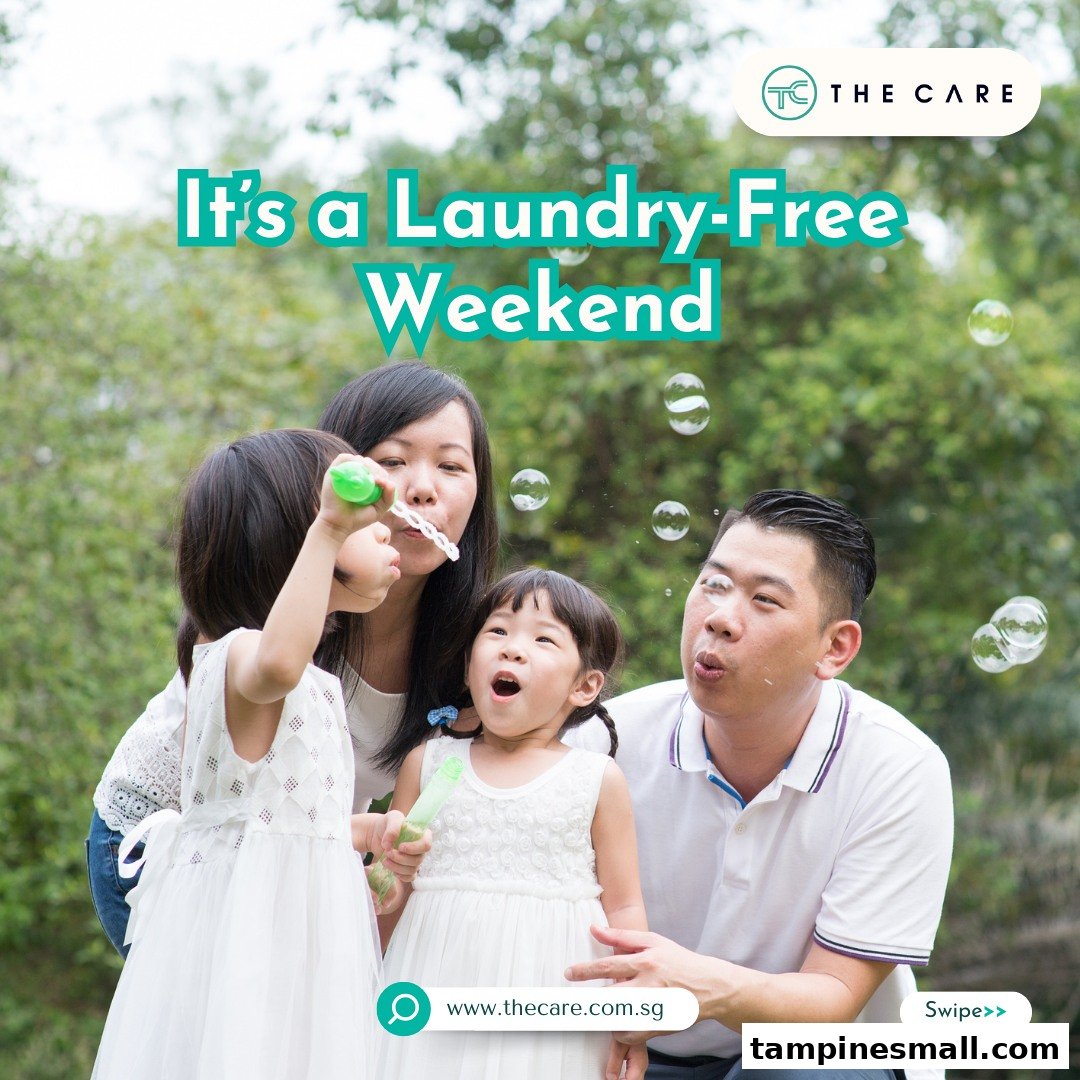 A family enjoys a 'laundry-free weekend' outdoors, blowing bubbles, promoting The Care Laundry services.