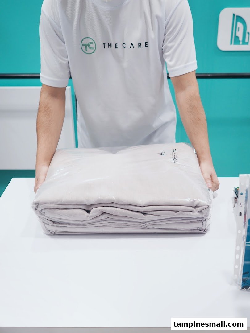 A staff member from The Care Laundry presents a neatly packaged, freshly laundered item on a clean counter.