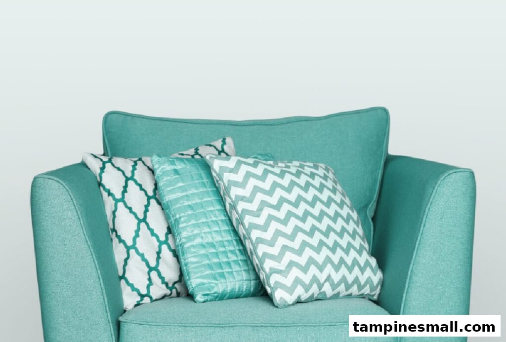 A comfortable teal armchair adorned with three patterned pillows, suggesting home comfort.