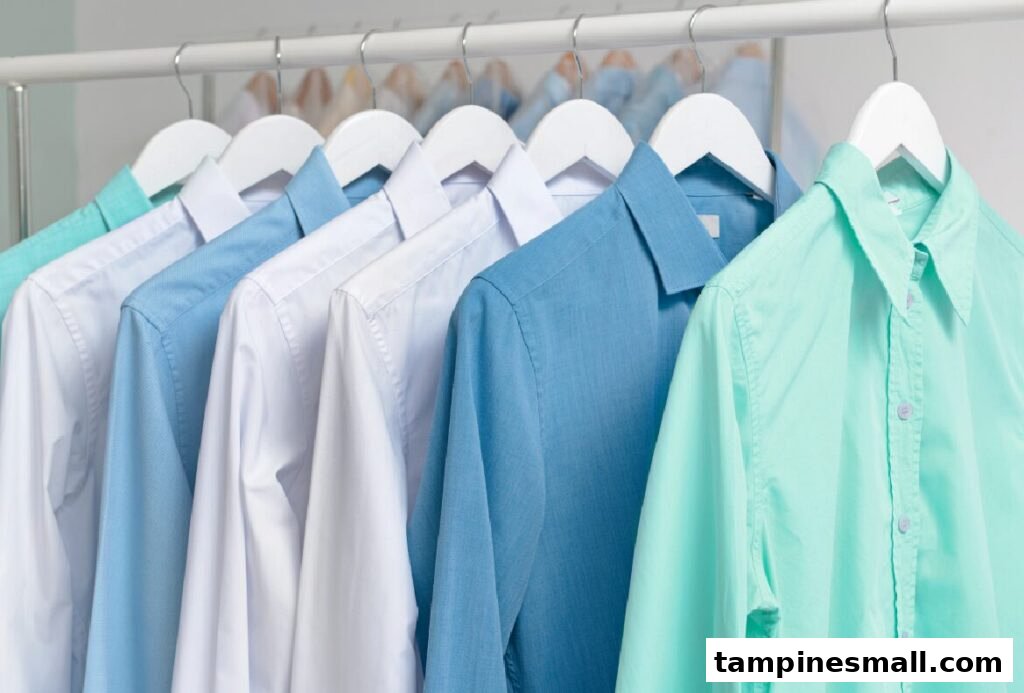 Clean, pressed shirts in various shades of blue and white hanging neatly on a laundry rack.