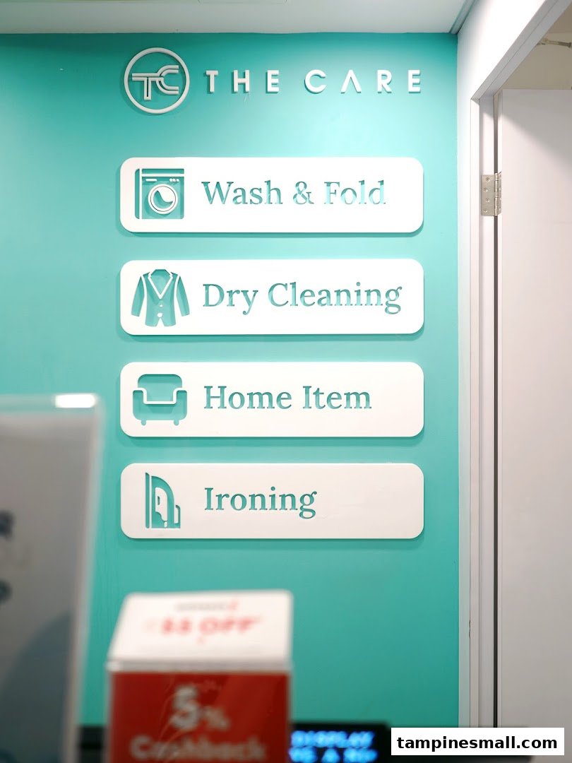 A bright teal wall displaying laundry services offered by The Care, including wash, fold, dry cleaning, and ironing.