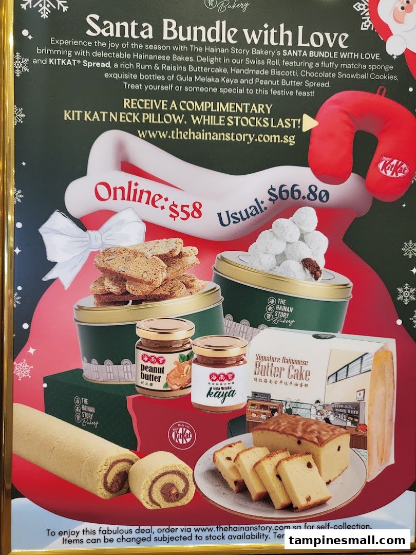 A festive promotional poster for The Hainan Story Bakery's 'Santa Bundle with Love' featuring bakes and a Kit Kat pillow.