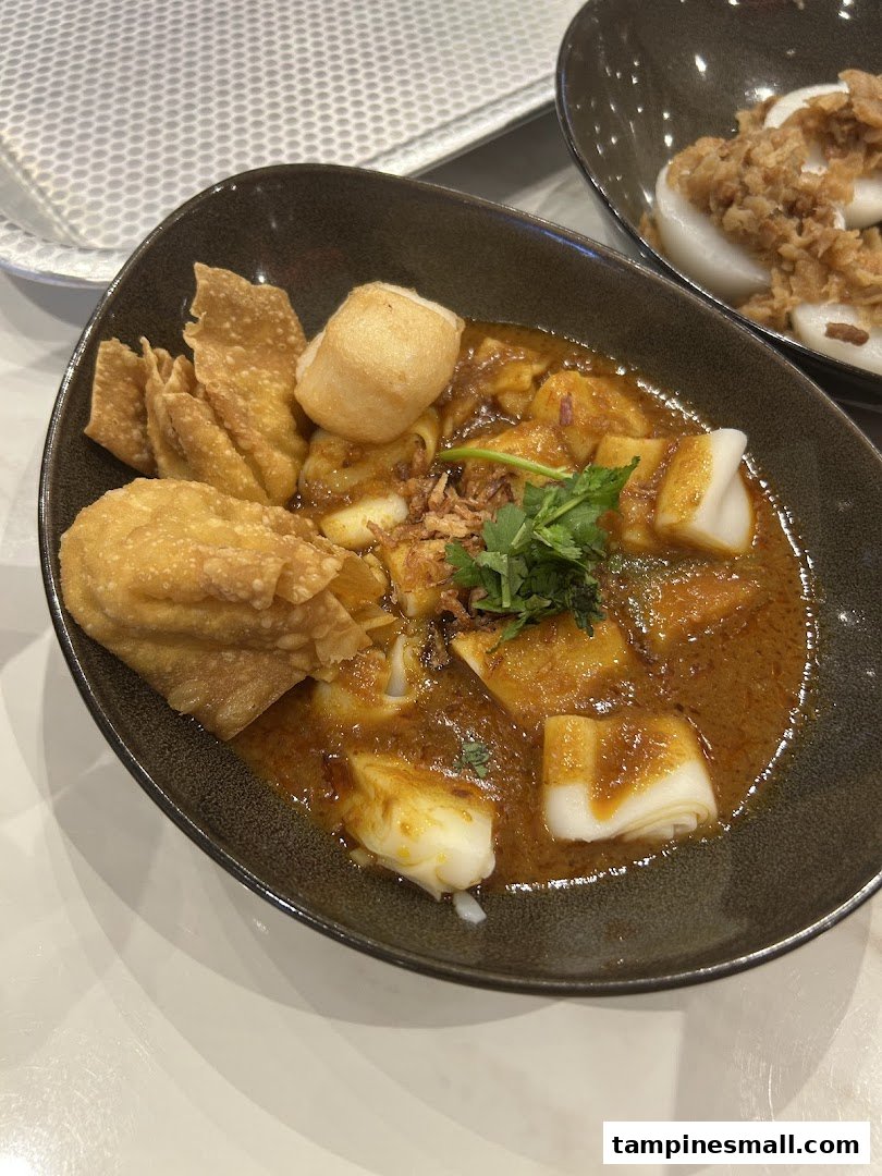 A close-up of a delicious bowl of curry chee cheong fun with fried wontons and fish balls.