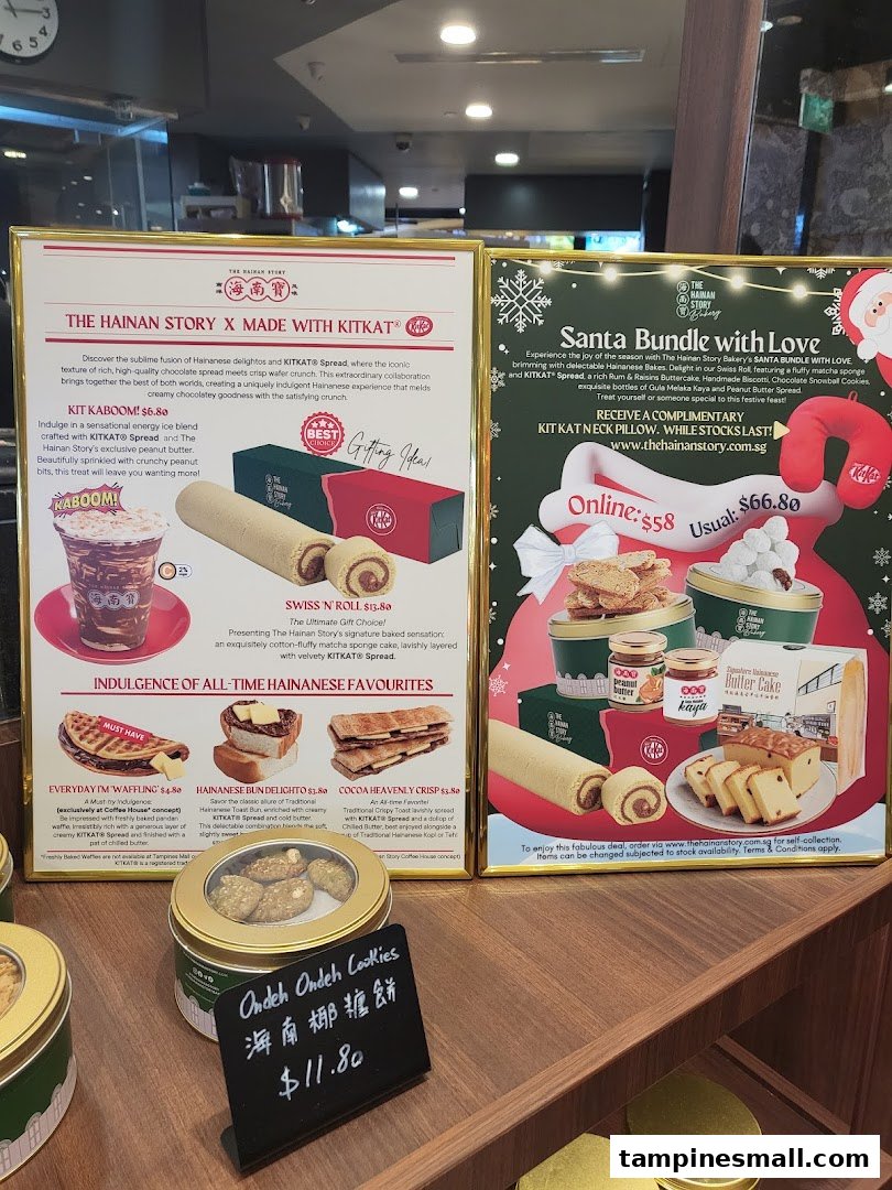 Promotional posters showcasing Hainanese Story's KitKat collaborations and festive bundles, alongside traditional treats.