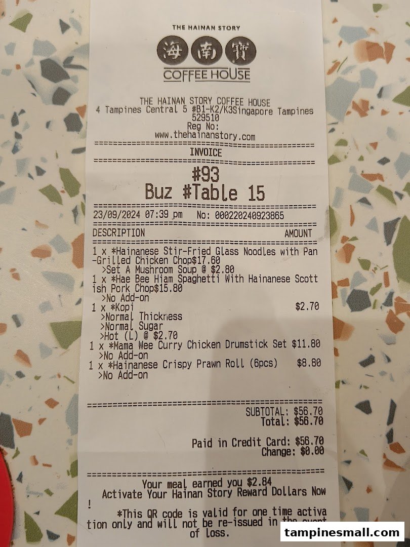 A detailed receipt from The Hainan Story Coffee House, showcasing various Hainanese dishes and drinks.