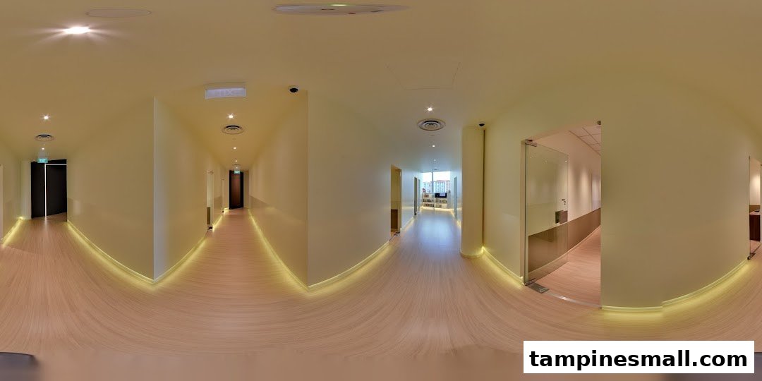 A bright, modern interior hallway with wooden floors and subtle lighting at The Learning Lab.