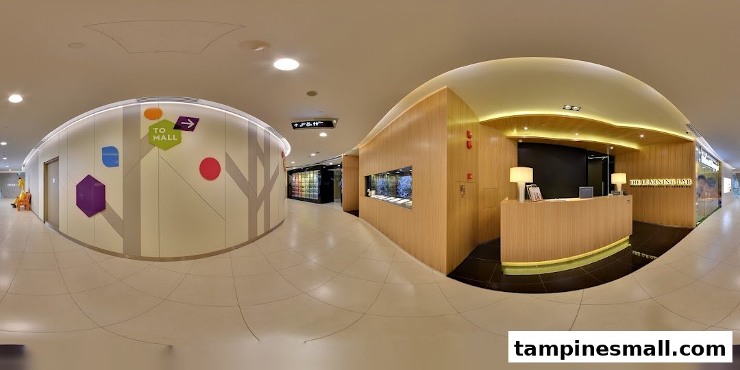 A panoramic view of The Learning Lab's modern reception area and entrance within Tampines Mall.