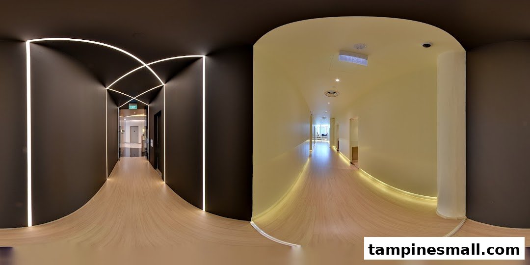 A modern, well-lit interior hallway with wooden floors and dark walls, leading to learning spaces.