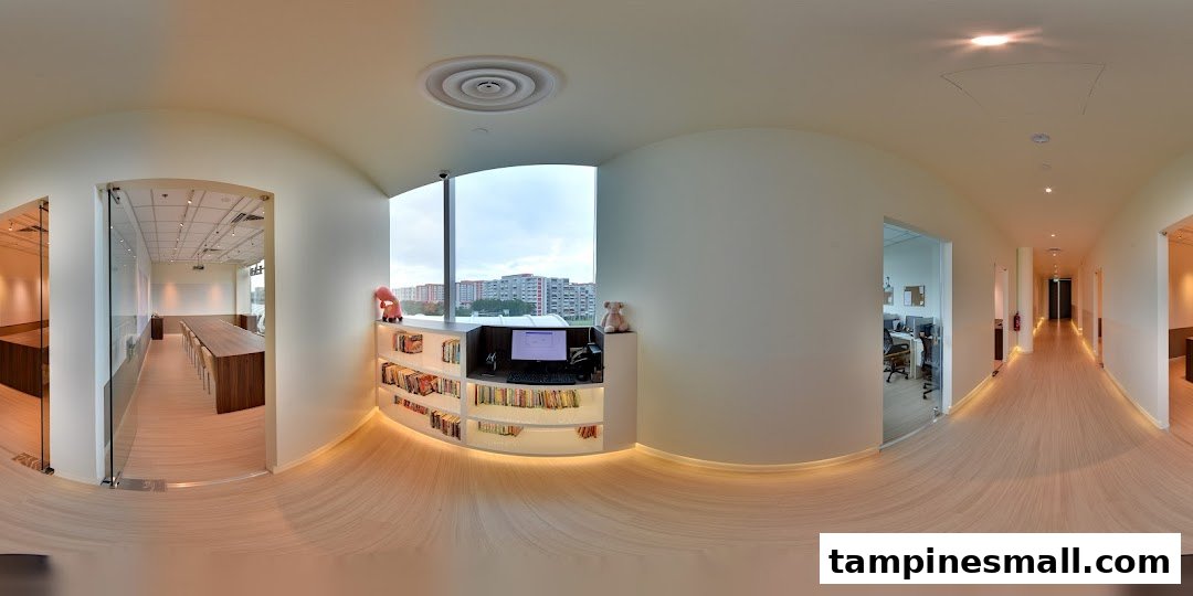 A bright, modern interior of an educational center featuring classrooms, a study area, and a long hallway.