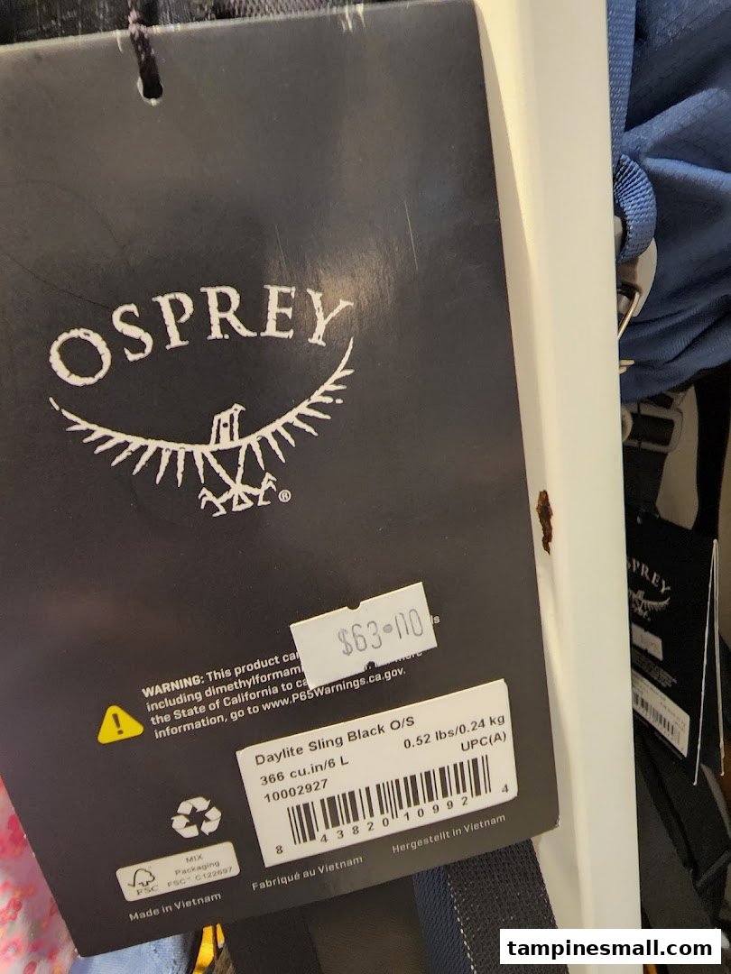 Close-up of an Osprey Daylite Sling product tag showing price and product details.