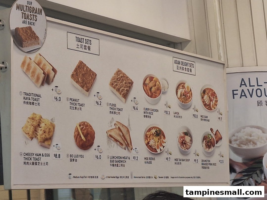 A detailed menu board displaying Toast Box's toast sets and Asian delight sets with prices.