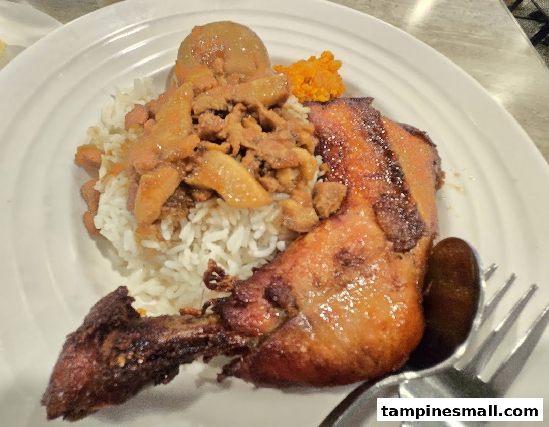 A close-up of a delicious roasted chicken rice dish with braised toppings and an egg.