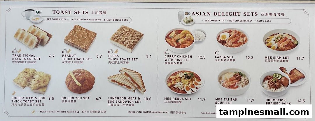 A detailed menu board displaying Toast Box's Toast Sets and Asian Delight Sets with prices.