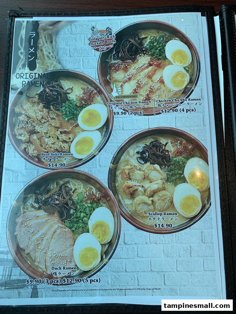 A menu page showcasing various ramen dishes with prices and descriptions.