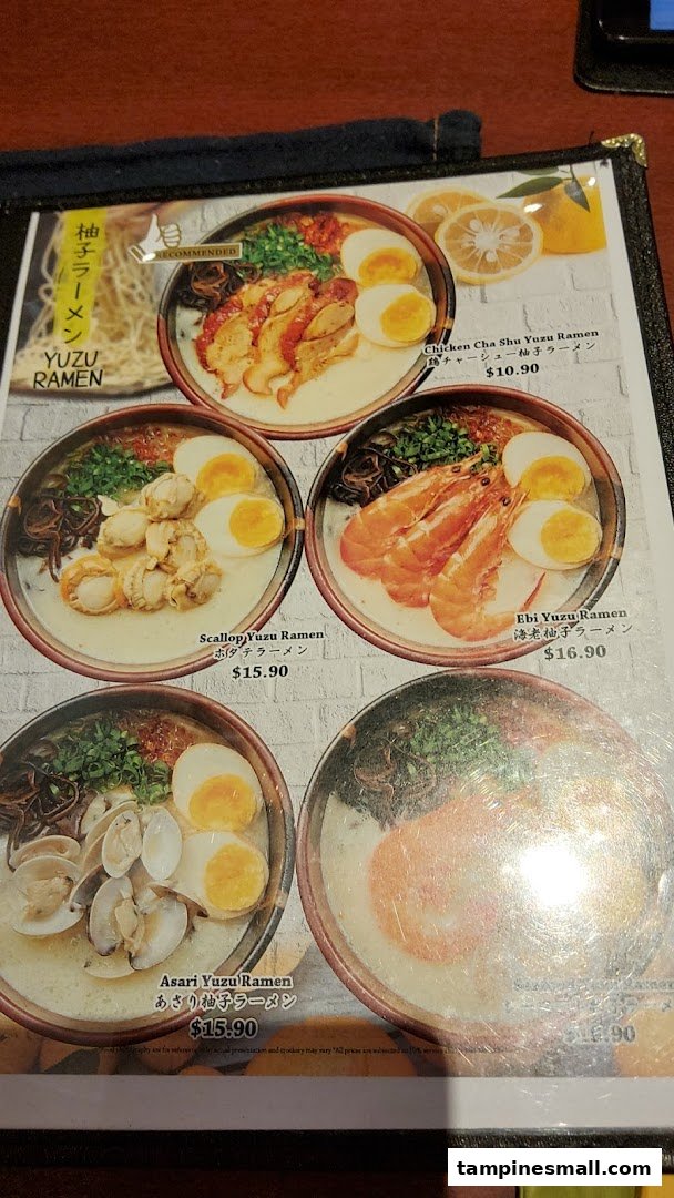 A menu page showcasing various Yuzu Ramen dishes with images and prices.