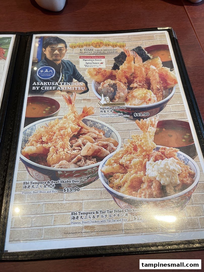 A menu page showcasing various Japanese donburi dishes, including tempura and beef options.