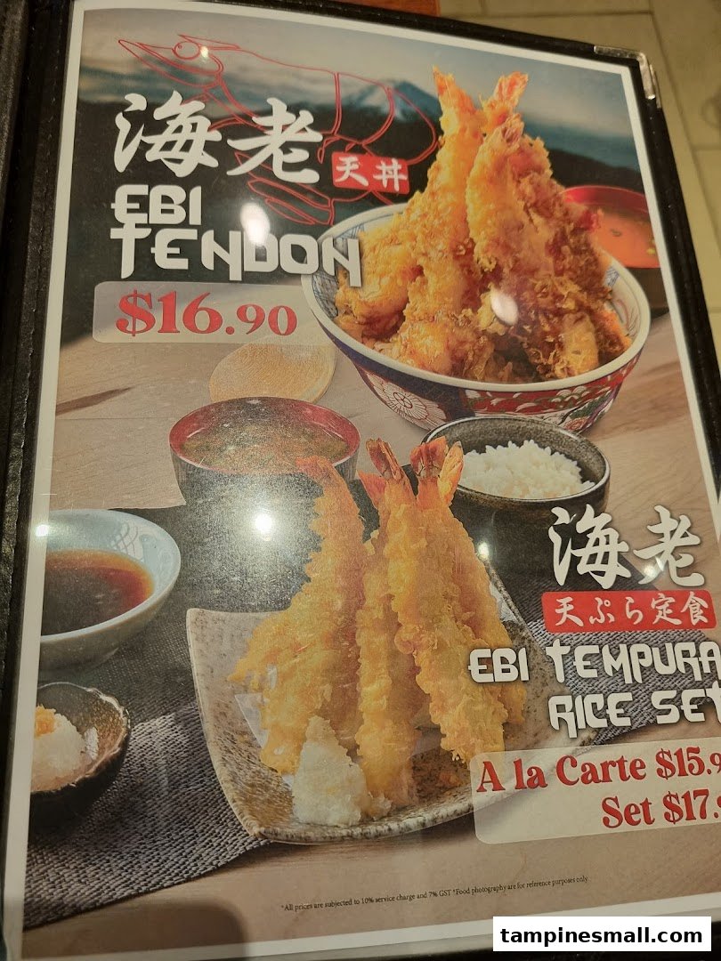 A menu page showcasing Ebi Tendon and Ebi Tempura Rice Set with prices and images.