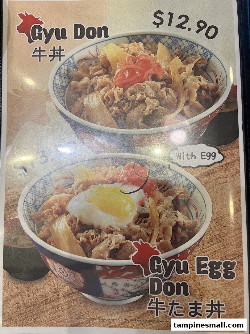 A menu displaying two variations of Gyudon: classic beef rice bowl and beef rice bowl with egg.