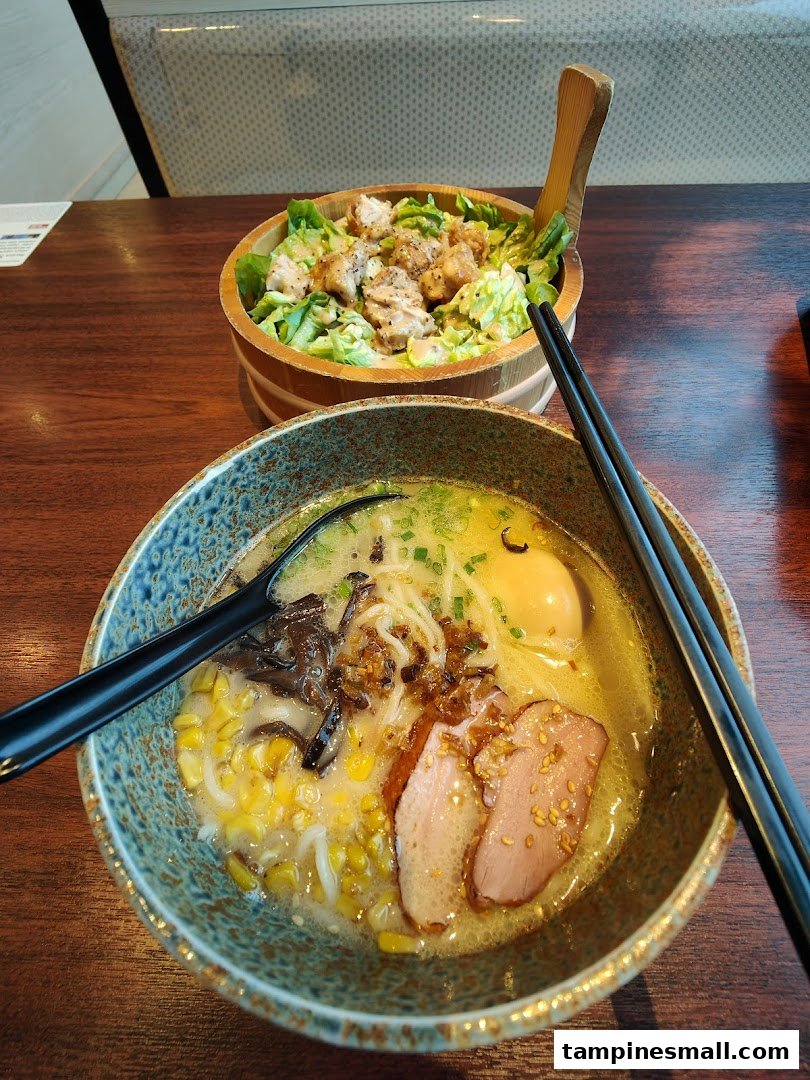 A close-up of a delicious ramen bowl with duck and corn, alongside a chicken salad.