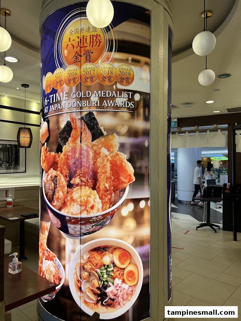 A large pillar inside Tokyo Shokudo featuring award-winning Japanese donburi and ramen dishes.