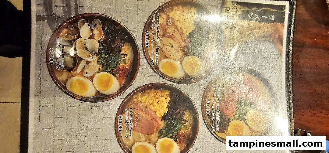 A vibrant menu page showcasing various ramen dishes with prices and ingredients.