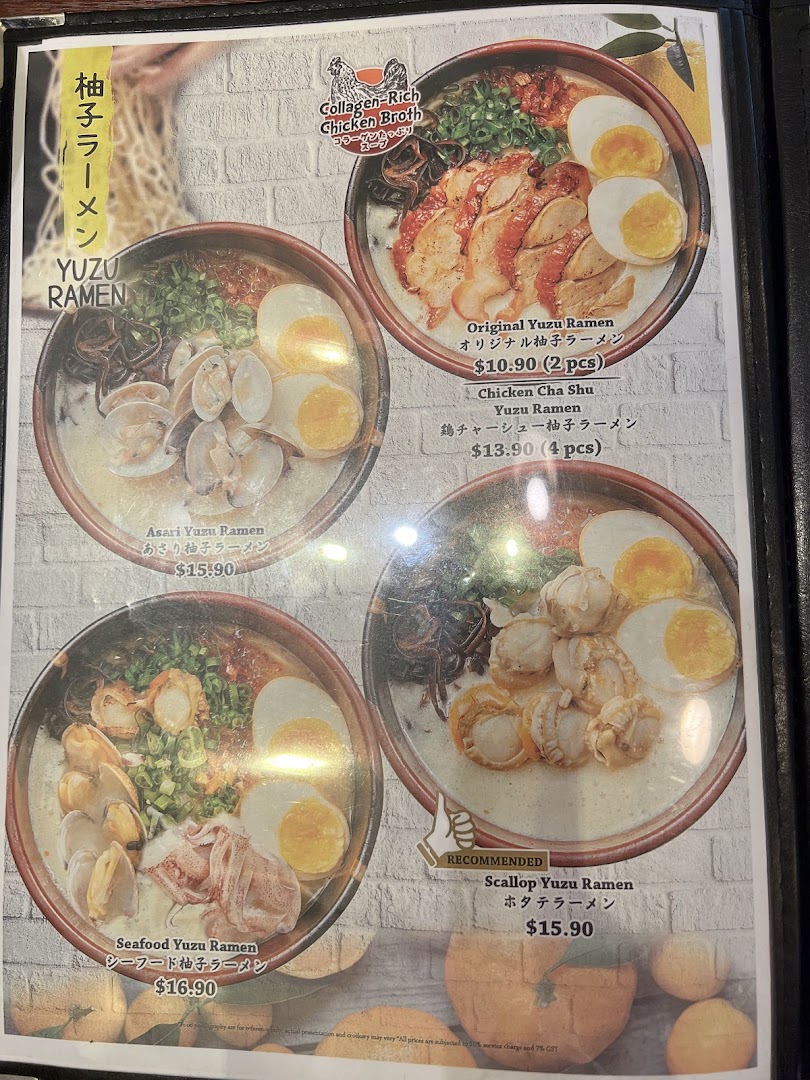 A menu page displaying various Yuzu Ramen dishes with prices and descriptions.