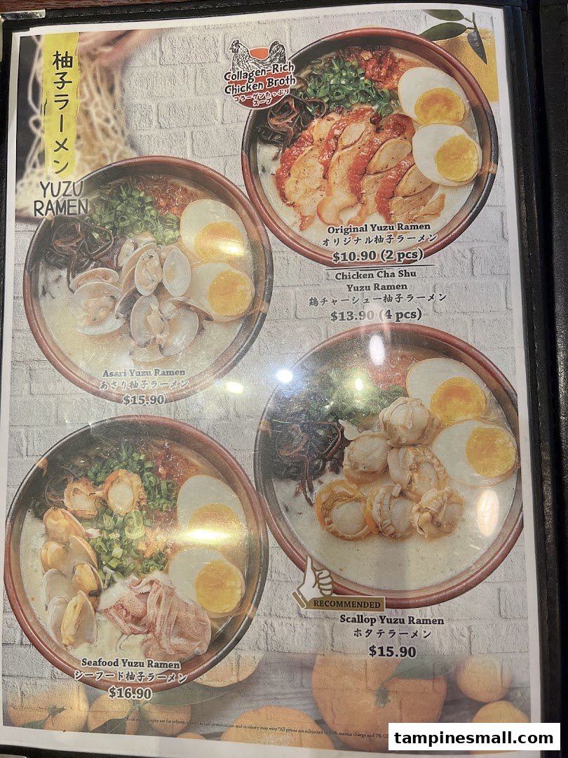 A menu page displaying various Yuzu Ramen dishes with prices and descriptions.