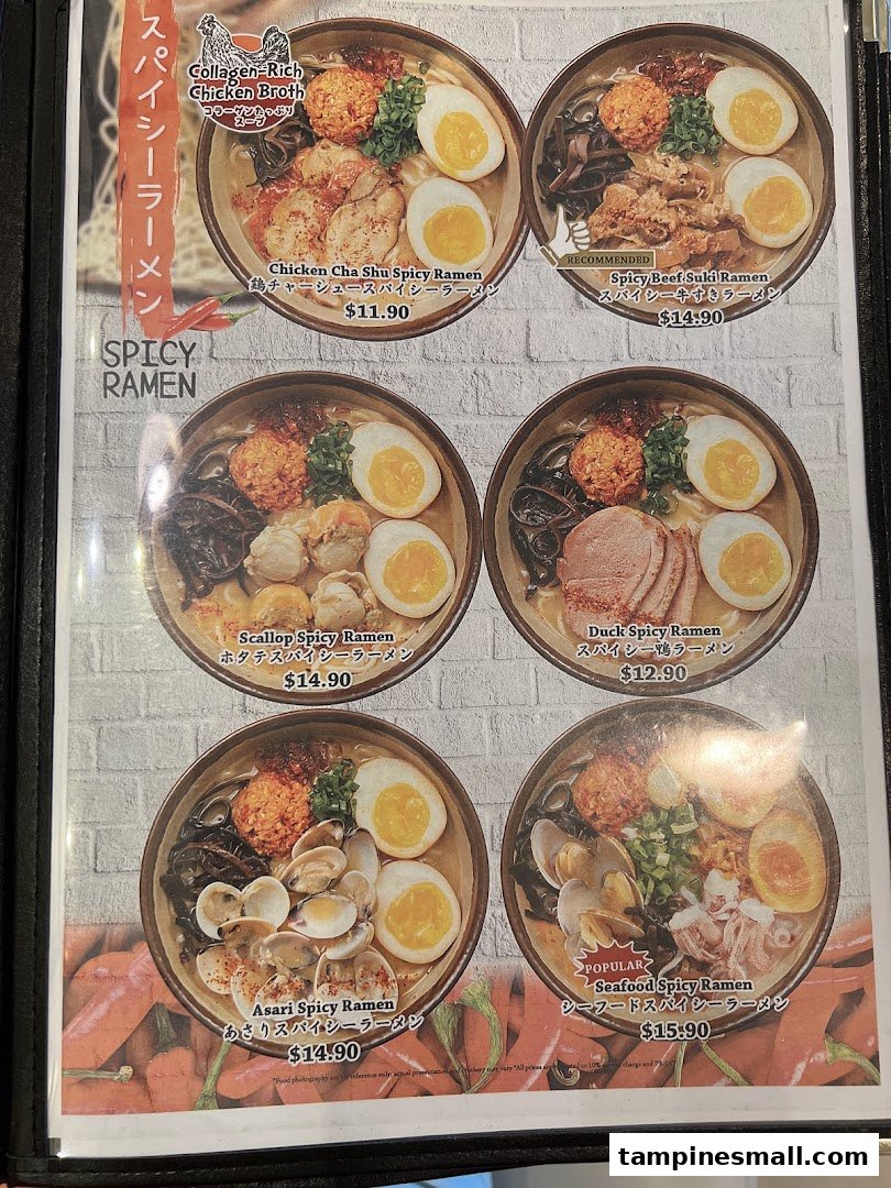 A menu page showcasing various spicy ramen dishes with images and prices.