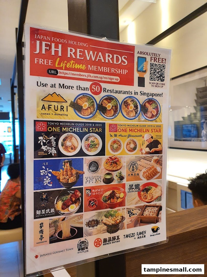 A poster promoting JFH Rewards, offering free lifetime membership for over 50 Japanese restaurants.