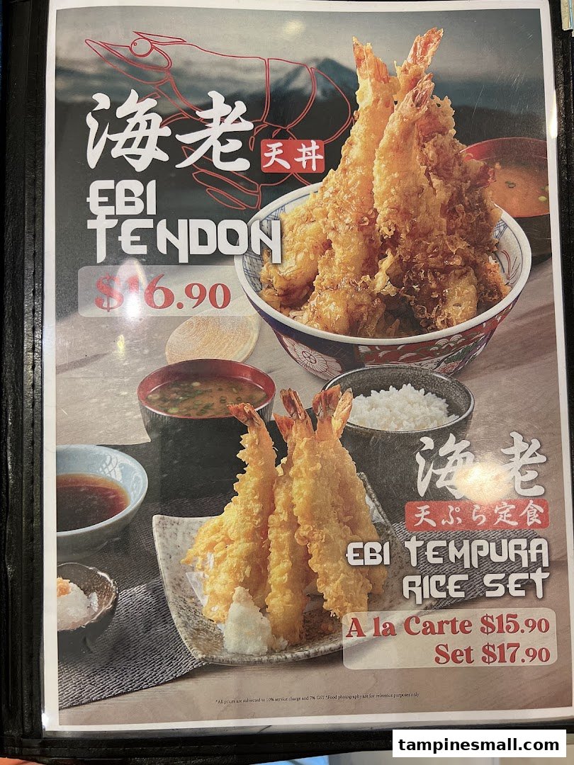 A menu page showcasing delicious Ebi Tendon and Ebi Tempura Rice Set with their respective prices.