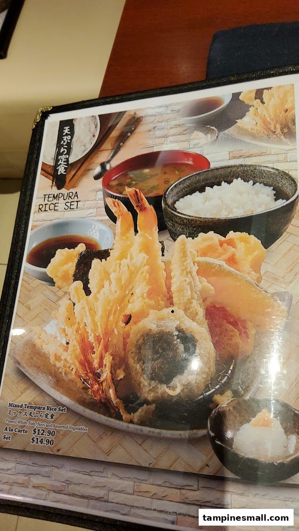 A menu page showcasing a delicious Mixed Tempura Rice Set with prawns, fish, and vegetables.