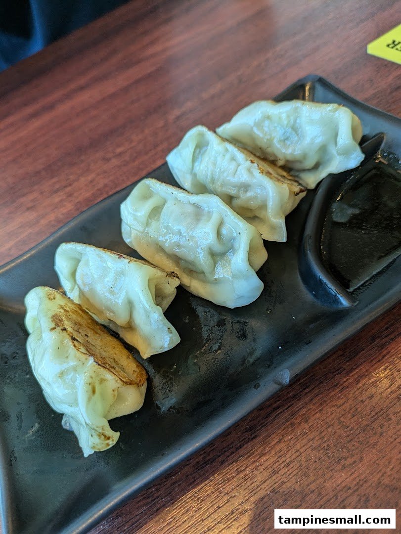 A plate of five pan-fried dumplings (gyoza) with dipping sauce on a dark platter.